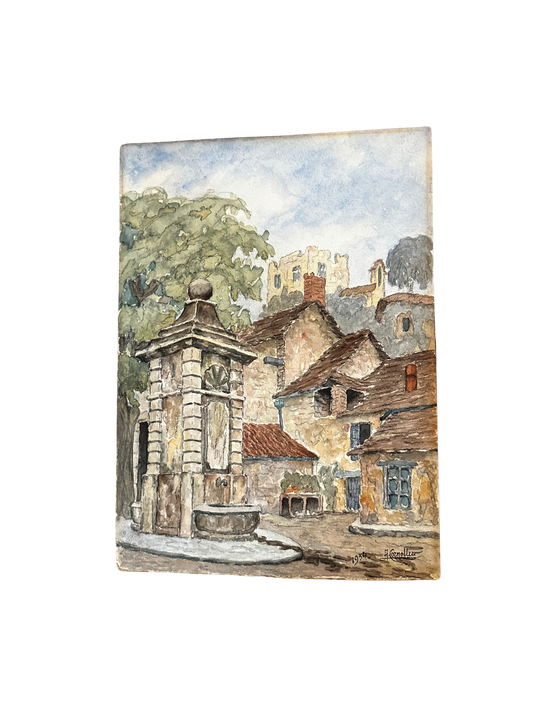 French Village Watercolor with Stone Fountain, Signed and Dated 1934