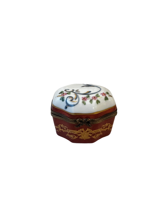French Limoges Porcelain Perfume Casket with Four Bottles, Hand-Painted Floral Lid