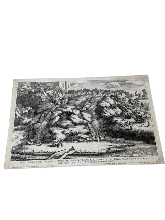 17th-Century Roman Engraving — Tivoli Waterfall and Temple of the Sibyl