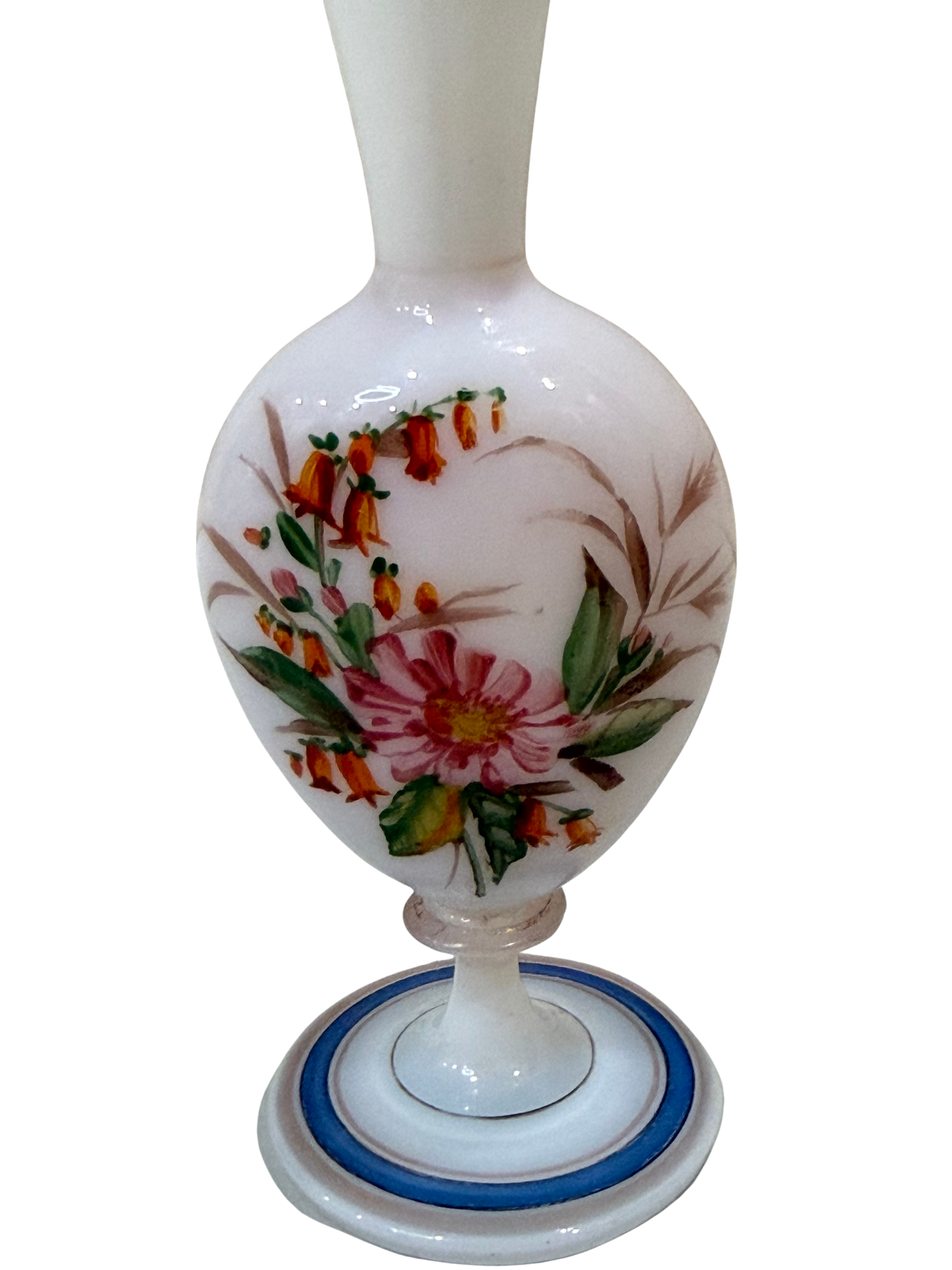 Victorian Hand-Painted Opaque Glass Bud Vase with Floral Decoration Late 19th Century