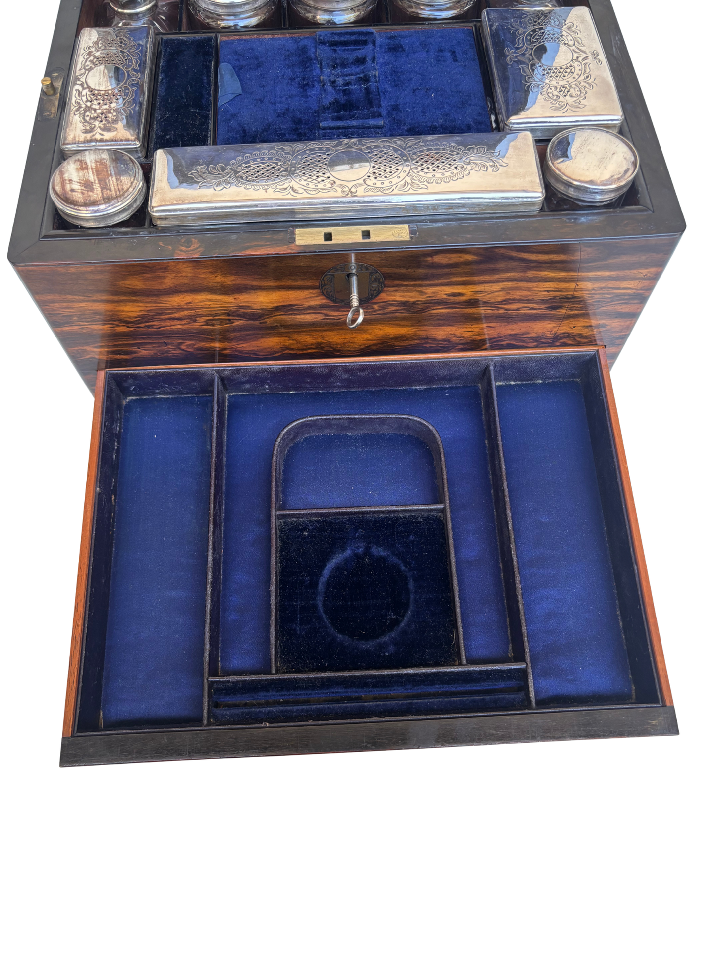 Fine Victorian Burled Walnut Vanity / Dressing Case with Silverplate Fittings, Secret Compartments, Hidden Documents, and Engraved Cartouche Dated 1891