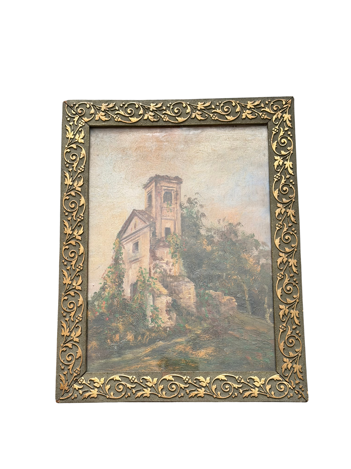 Antique European School Oil on Canvas Painting of an Italianate Church and Bell Tower in Ornate Gilt Foliate Frame, Circa 1880–1910
