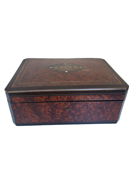 Victorian Burl Walnut and Ebonized Jewelry / Scarf Box with Tufted Satin Interior