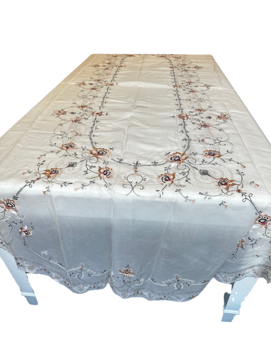 Vintage Mid-20th C Highly Embroidered Table Cloth with Pink Florals and Silver Border (120" x 65")