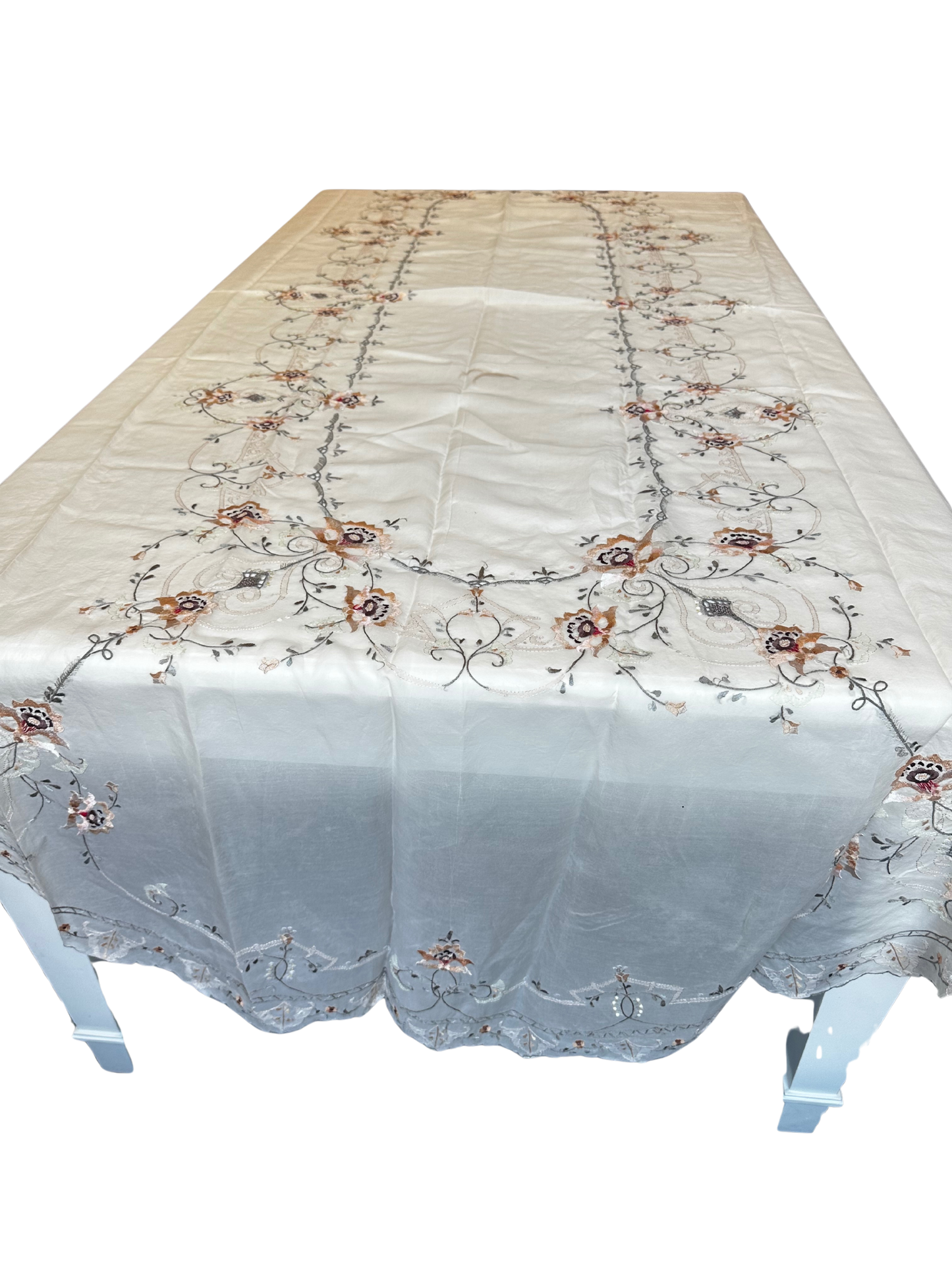 Vintage Mid-20th C Highly Embroidered Table Cloth with Pink Florals and Silver Border (120" x 65")