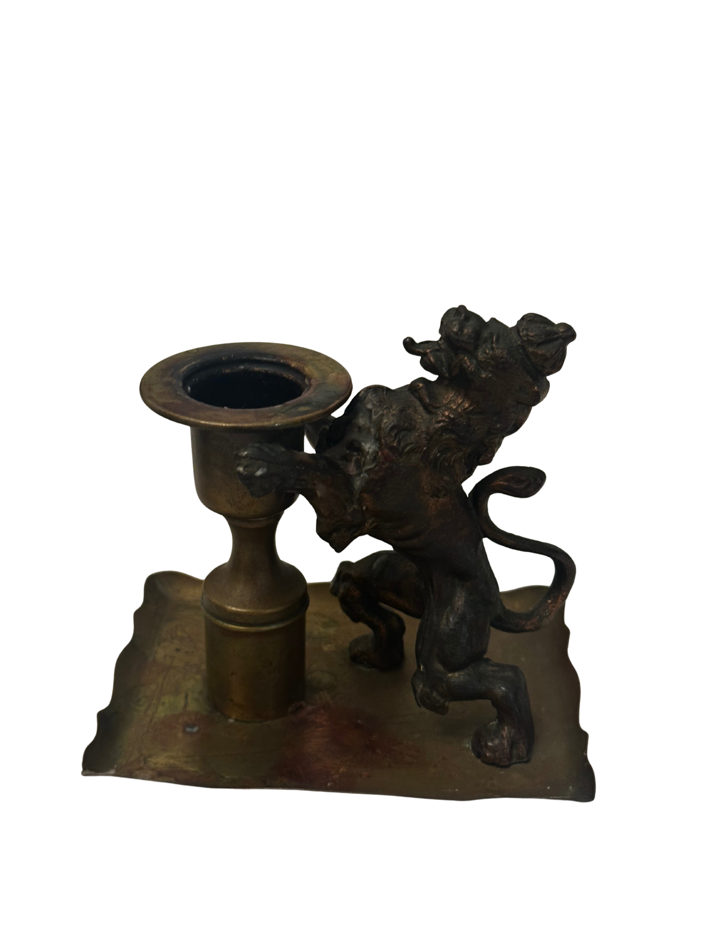 19th C Spelter and Brass Lion Taper Candlestick Holder