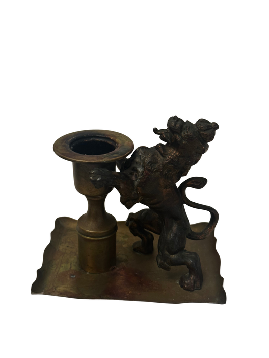19th C Spelter and Brass Lion Taper Candlestick Holder