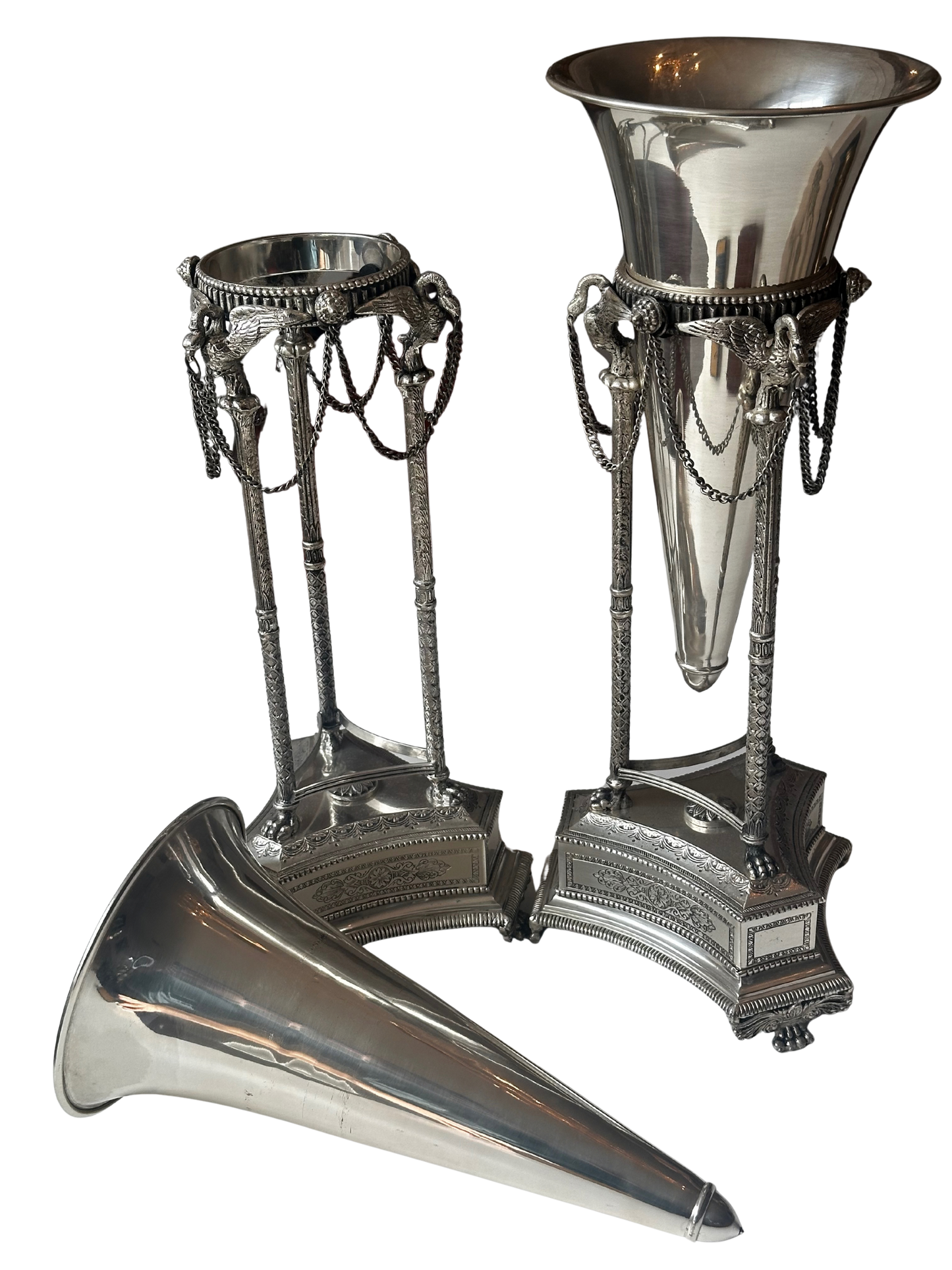 Pair of Neoclassical Silverplate Trumpet Vases with Swan/Crane Motifs
