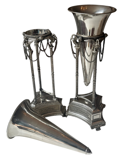 Pair of Neoclassical Silverplate Trumpet Vases with Swan/Crane Motifs