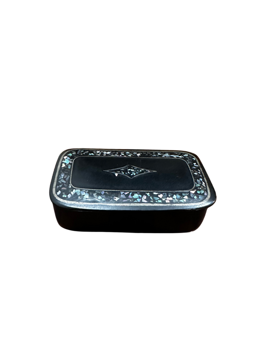19th C Victorian Polished Lacquer Papier Mache Snuff Box with Crushed Abalone Inlay