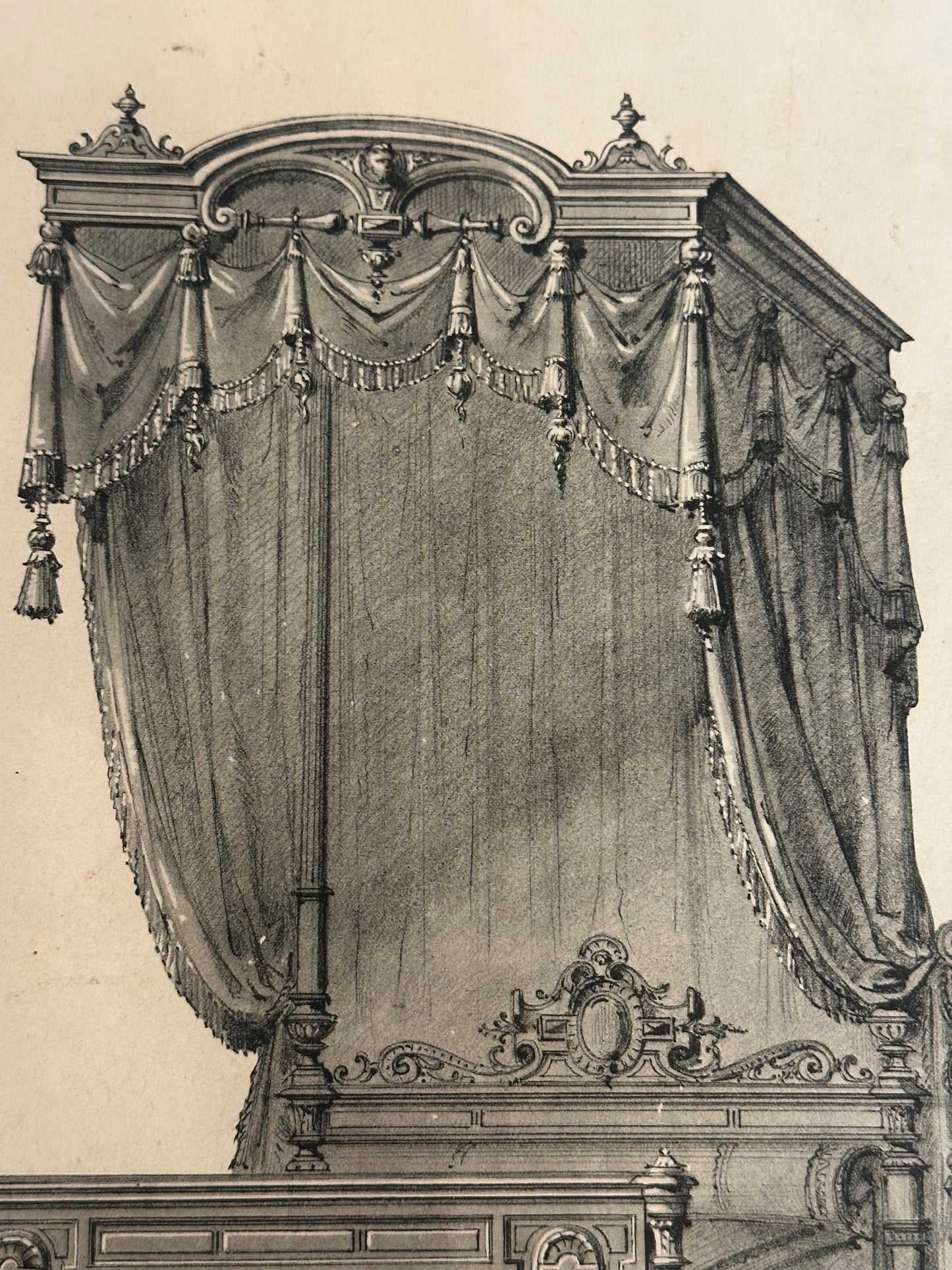 19th-Century French Furniture Design Engraving — Lit Renaissance, Plate 27, Le Mobilier d’Art