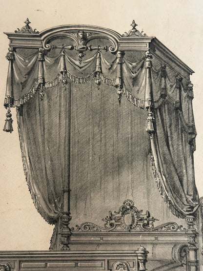 19th-Century French Furniture Design Engraving — Lit Renaissance, Plate 27, Le Mobilier d’Art