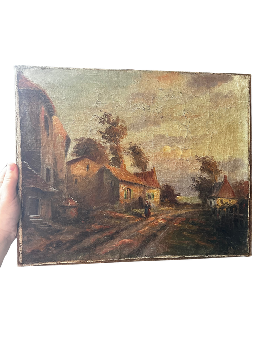 19th C Oil on Canvas of Town Street with Woman (Conservatively Relined) - Signed Rhys?