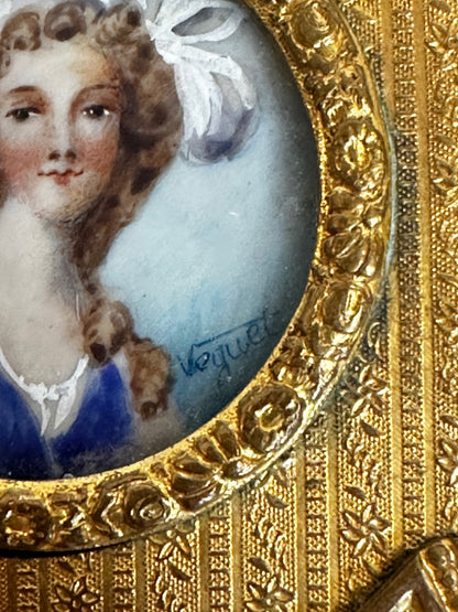 Antique Gilt Metal Clover Shaped Vanity Box with Portrait of a Young Woman