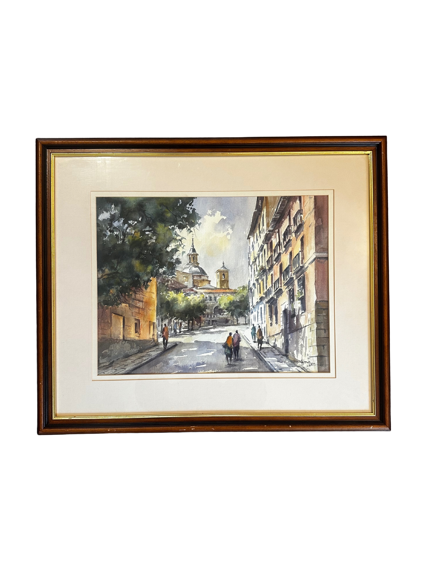 Signed European Street Scene Watercolor with Church Dome and Figures