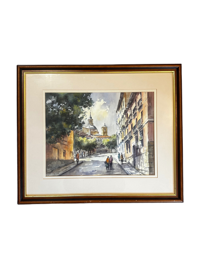 Signed European Street Scene Watercolor with Church Dome and Figures