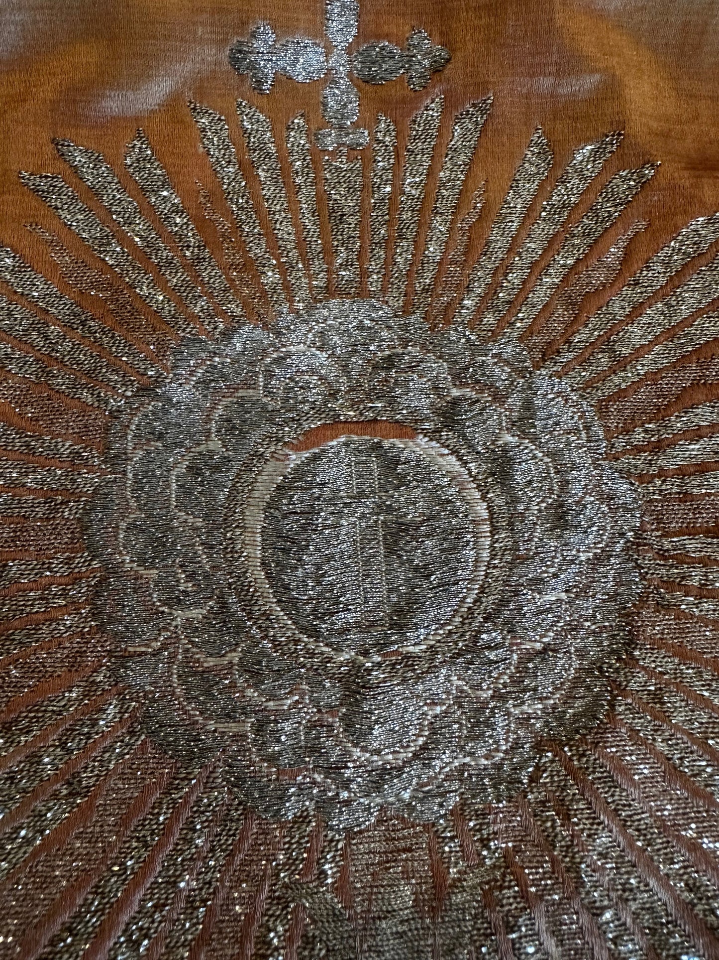 Antique Ecclesiastical Silk Brocade Altar Runner with Monstrance, Angels and IHS Christogram