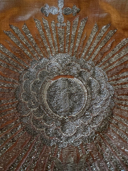Antique Ecclesiastical Silk Brocade Altar Runner with Monstrance, Angels and IHS Christogram