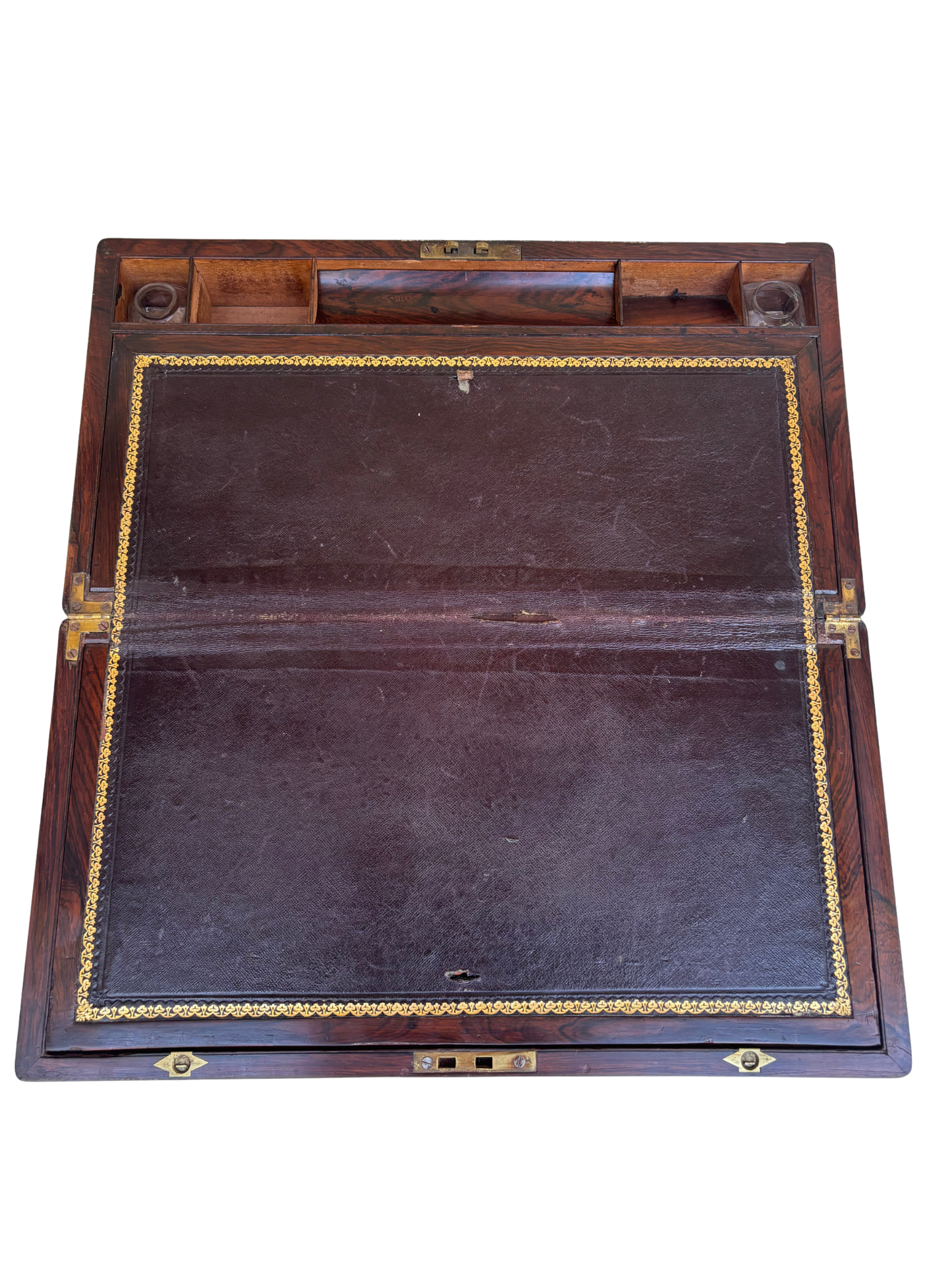 Antique Rosewood Campaign-Style Writing Slope with Brass Mounts and Inkwells
