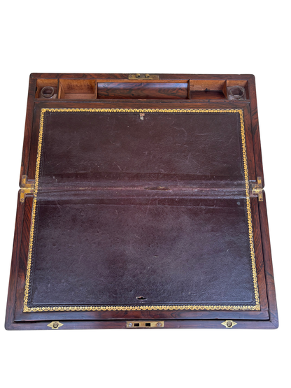 Antique Rosewood Campaign-Style Writing Slope with Brass Mounts and Inkwells