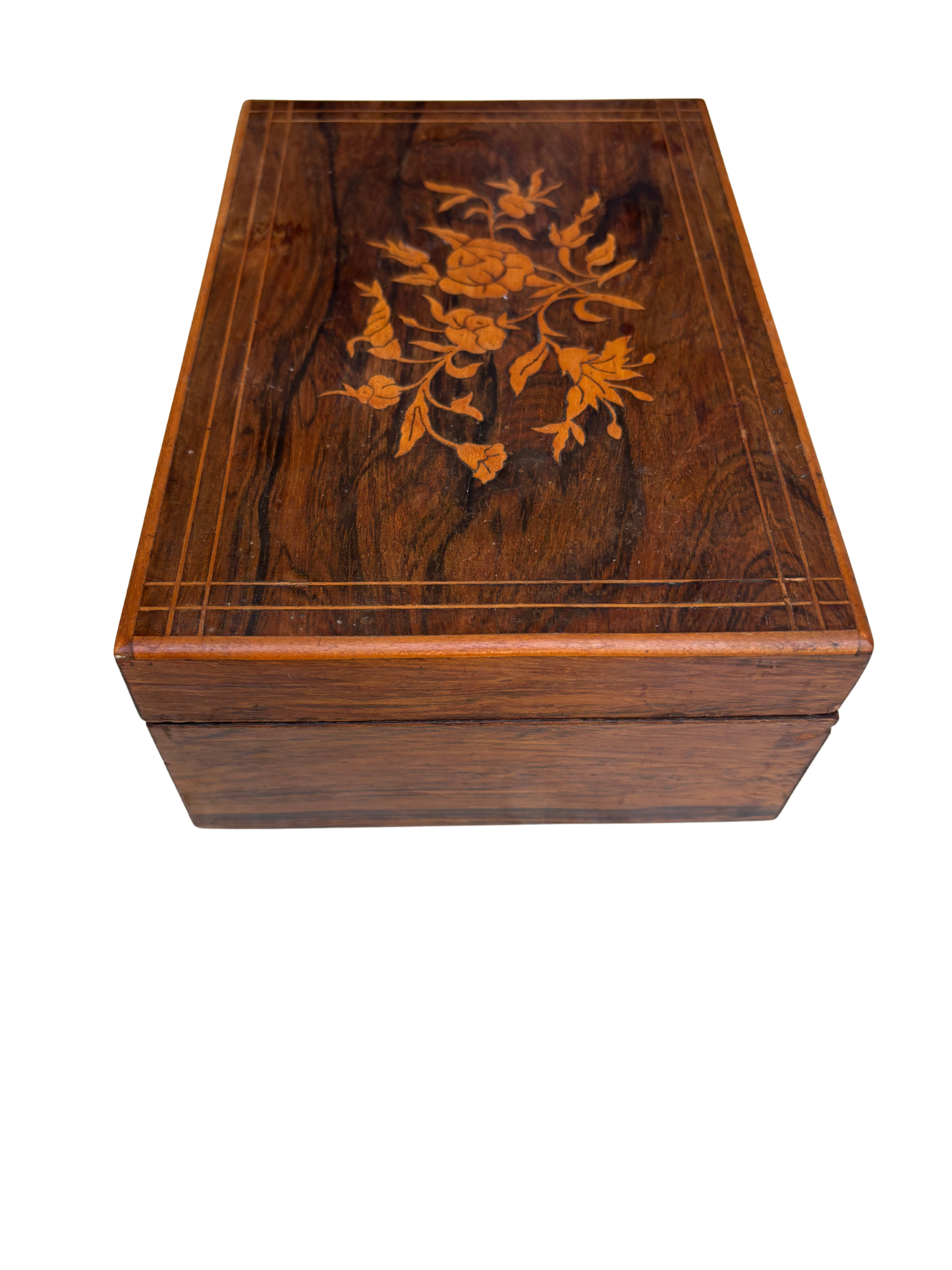 English Regency Rosewood Marquetry Work Box with Floral Inlay and Green Silk Interior, Circa 1820–1840