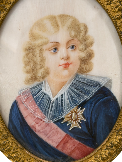 Antique Watercolor and Gouache Portrait Miniature, Likely Napoleon II - The King of Rome in Evans Philadelphia Gilt Brass Easel Frame