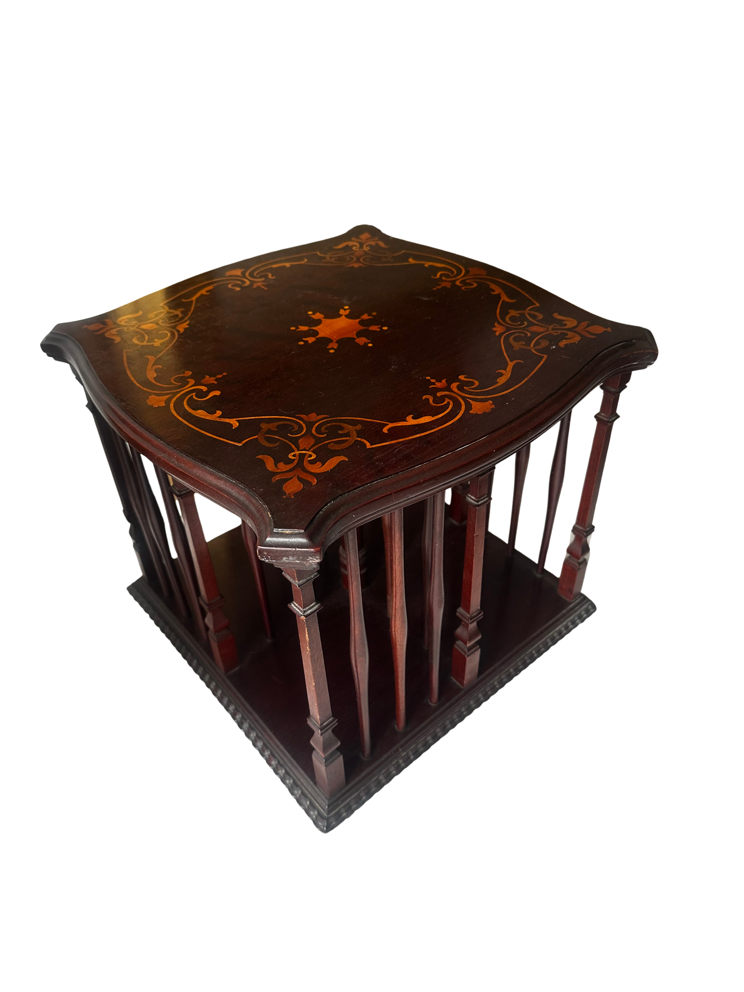 Antique English Edwardian Revolving Mahogany and Marquetry Tabletop Book Stand