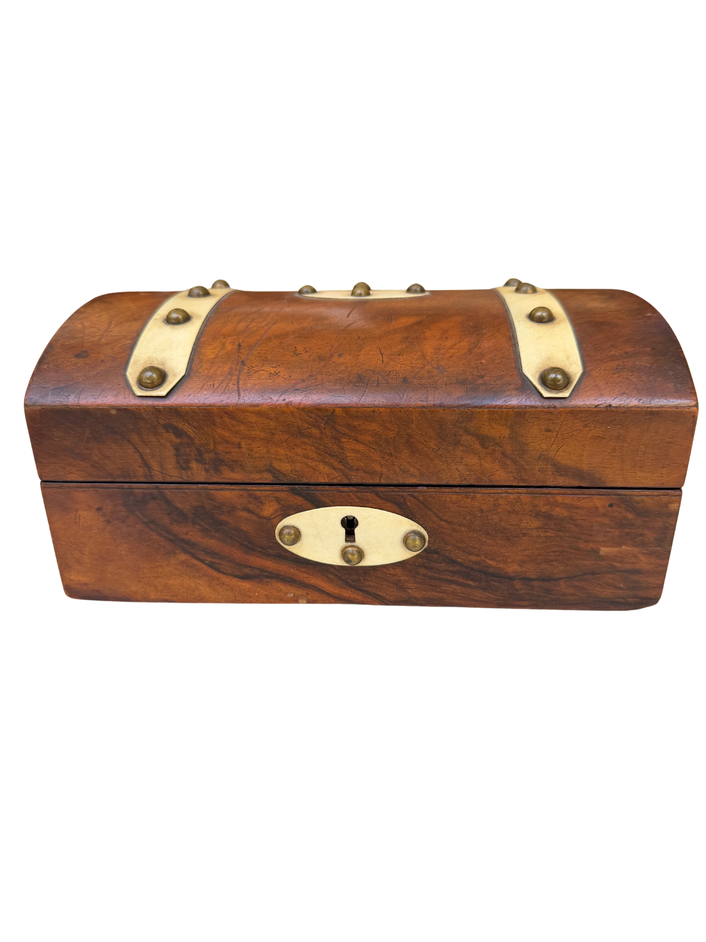 English Walnut Domed Jewelry Box with Bone Escutcheons and SIlk-Lined Interior