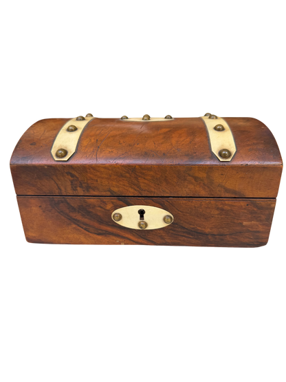 English Walnut Domed Jewelry Box with Bone Escutcheons and SIlk-Lined Interior
