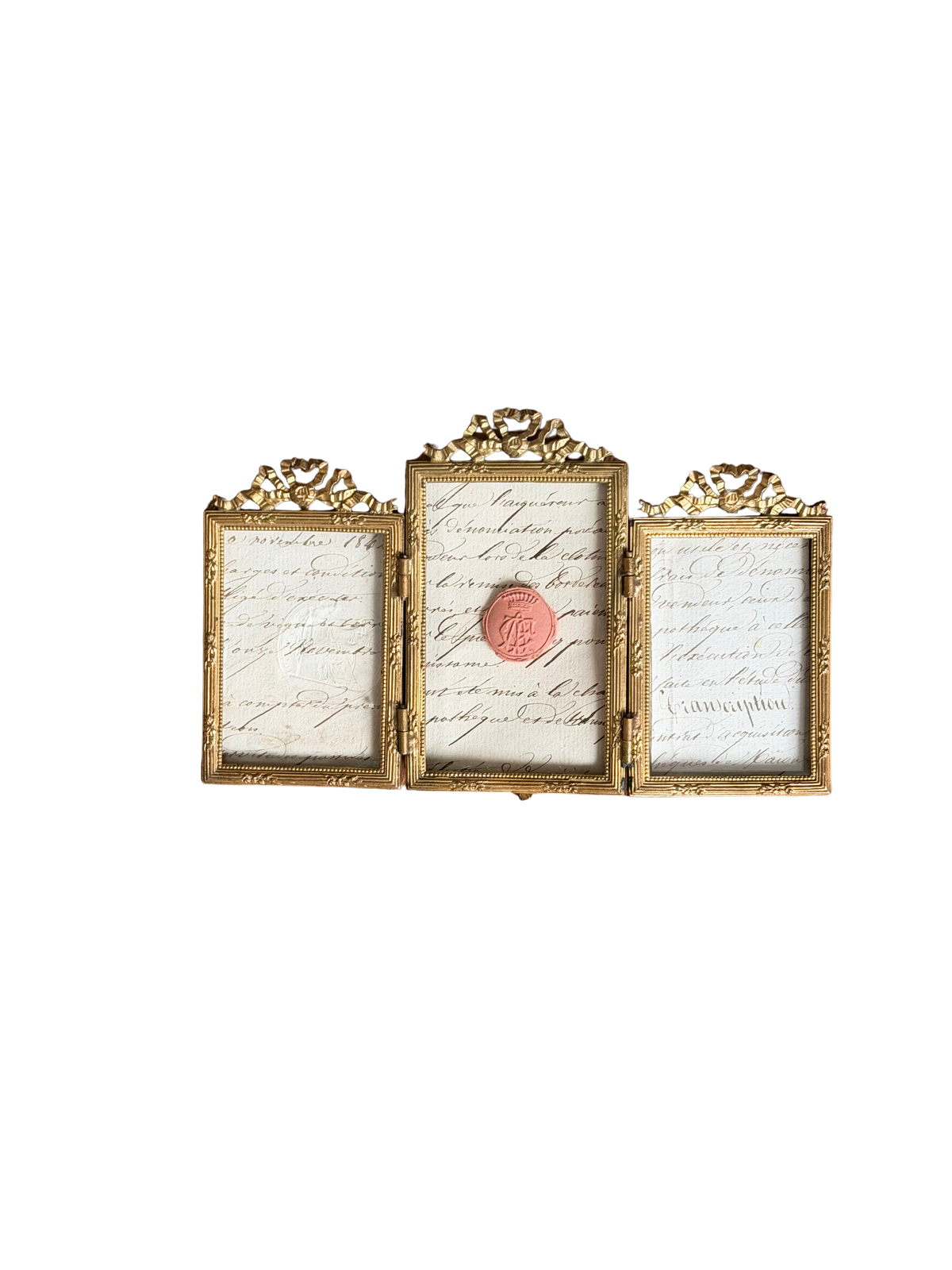 Antique French Louis XVI Style Gilt Brass Triptych Frame with Handwritten French Manuscript and Wax Seal, Circa 1900