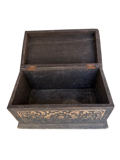 Vintage Indian/Folk Art Hand-Carved Floral Wood Storage Chest with Distressed Ebonized Finish