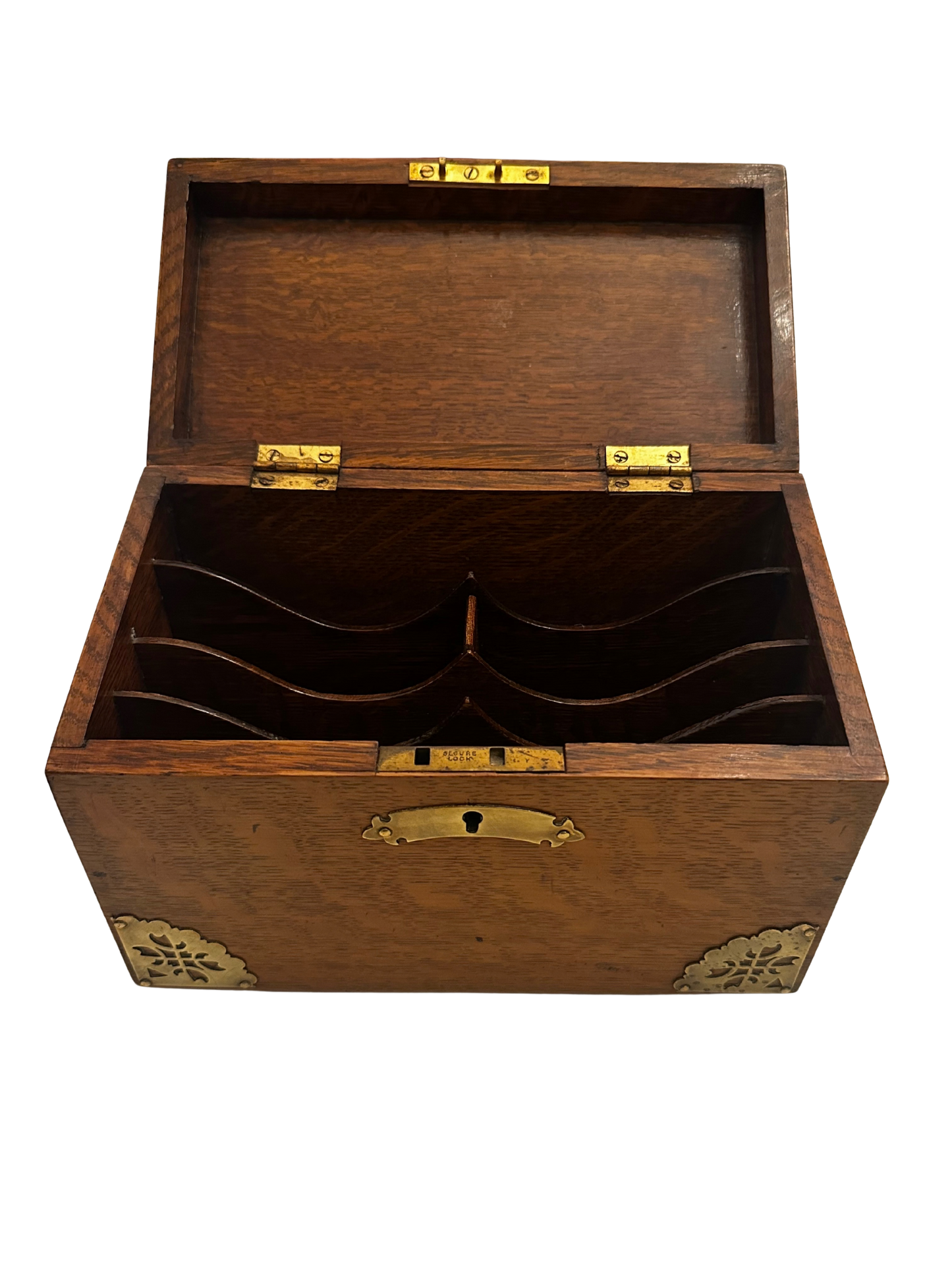 Antique English Oak Stationary Box with Brass Corner Mounts and Letter Dividers