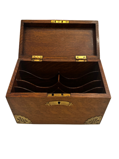 Antique English Oak Stationary Box with Brass Corner Mounts and Letter Dividers