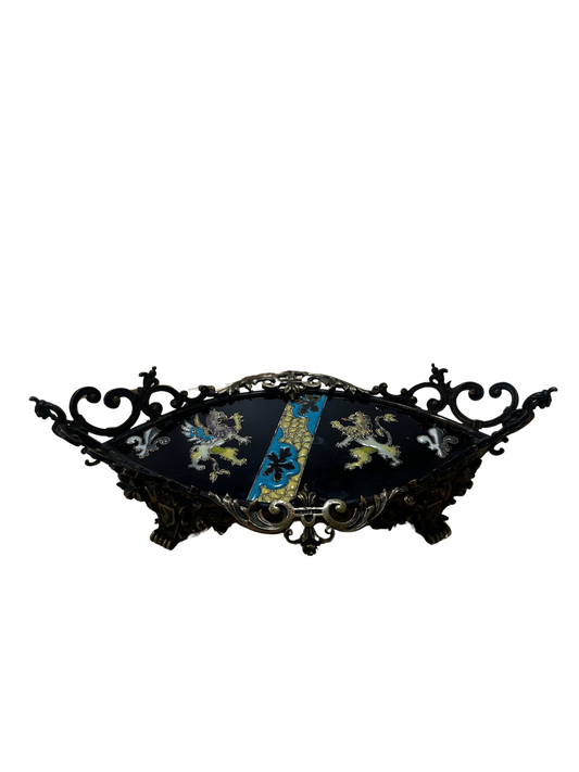 French Enameled Bronze Tray with Heraldic Motif
