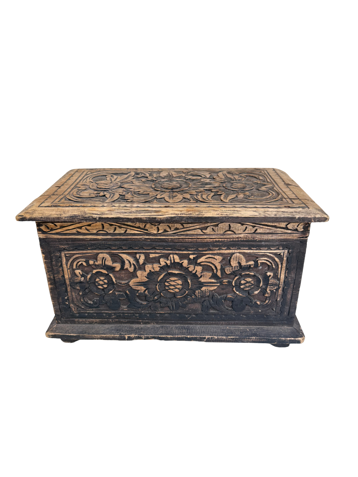 Vintage Indian/Folk Art Hand-Carved Floral Wood Storage Chest with Distressed Ebonized Finish