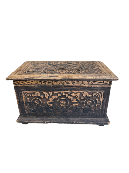 Vintage Indian/Folk Art Hand-Carved Floral Wood Storage Chest with Distressed Ebonized Finish