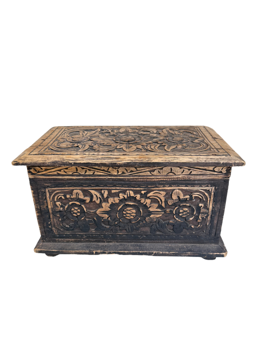 Vintage Indian/Folk Art Hand-Carved Floral Wood Storage Chest with Distressed Ebonized Finish