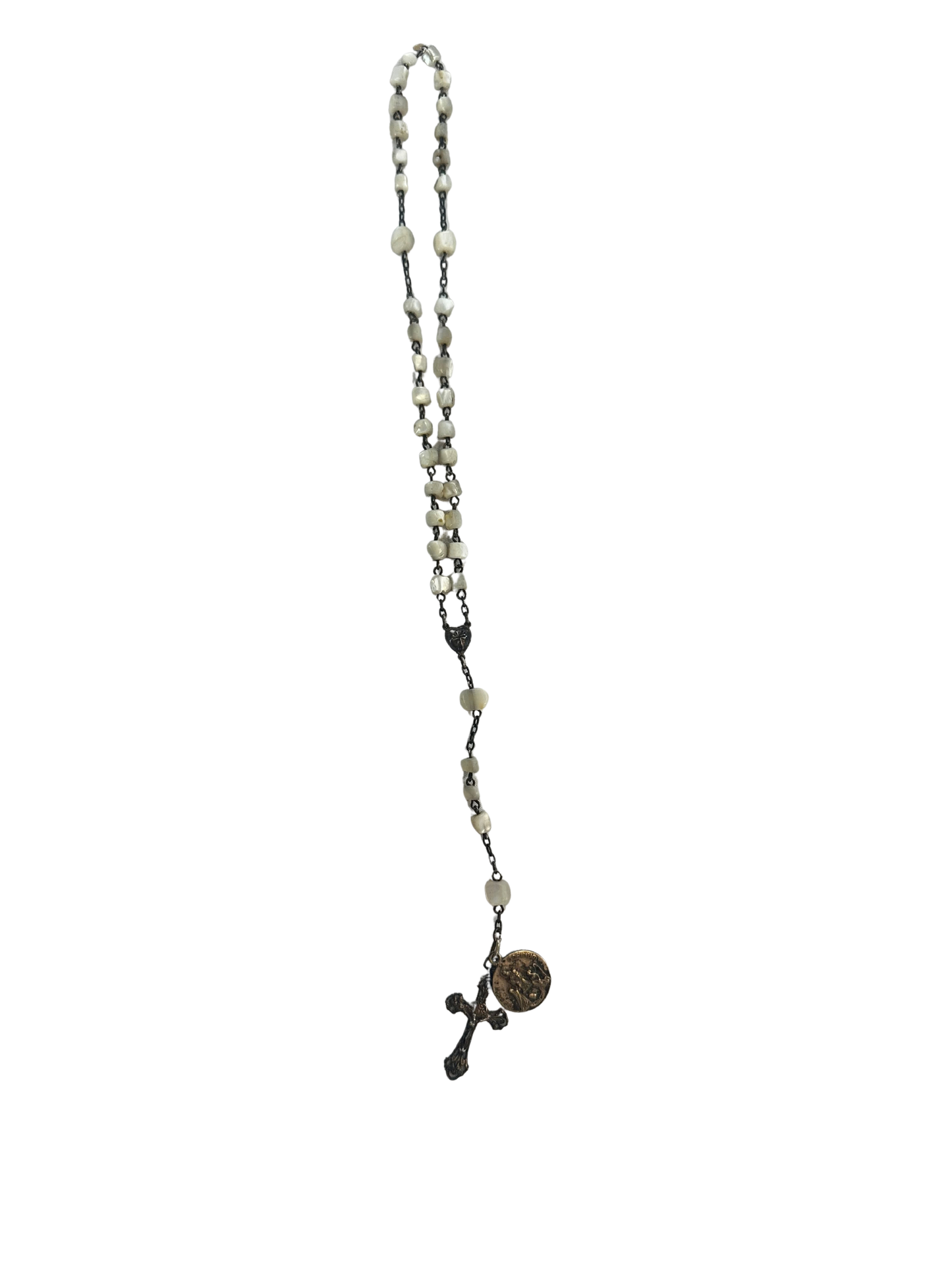 Antique Rosary with Mother-of-Pearl Beads, Silver-Tone Crucifix, and Religious Medal