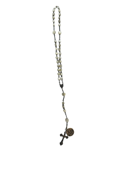 Antique Rosary with Mother-of-Pearl Beads, Silver-Tone Crucifix, and Religious Medal