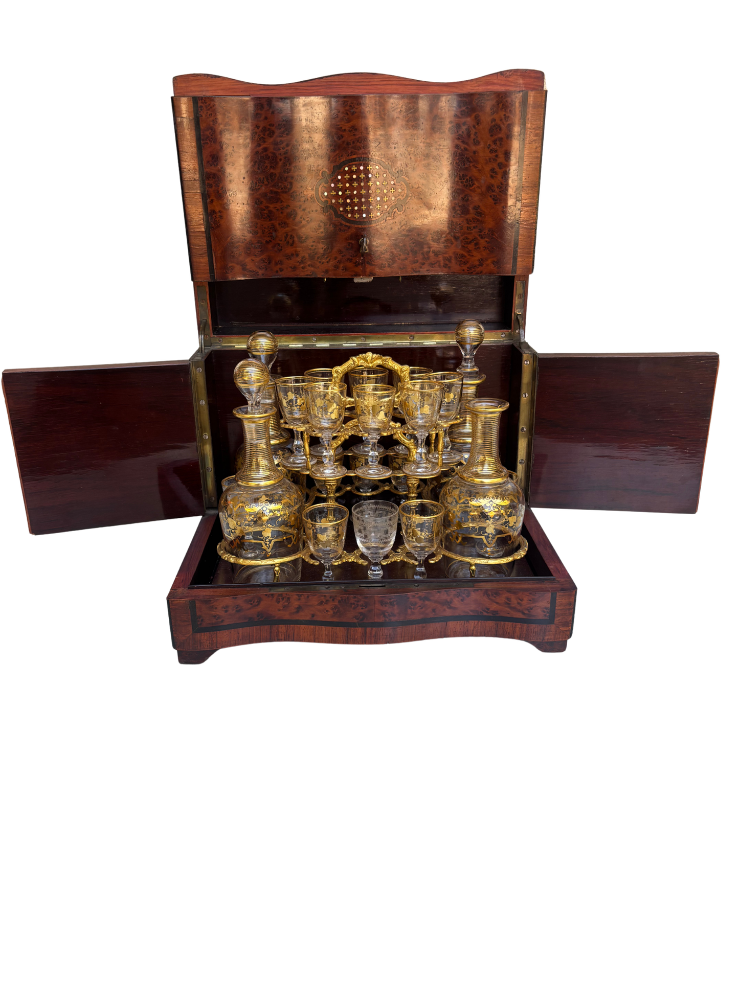 Exceptional Napoleon III Burlwood Cave à Liqueur with Gilded Glass Service and Decanters