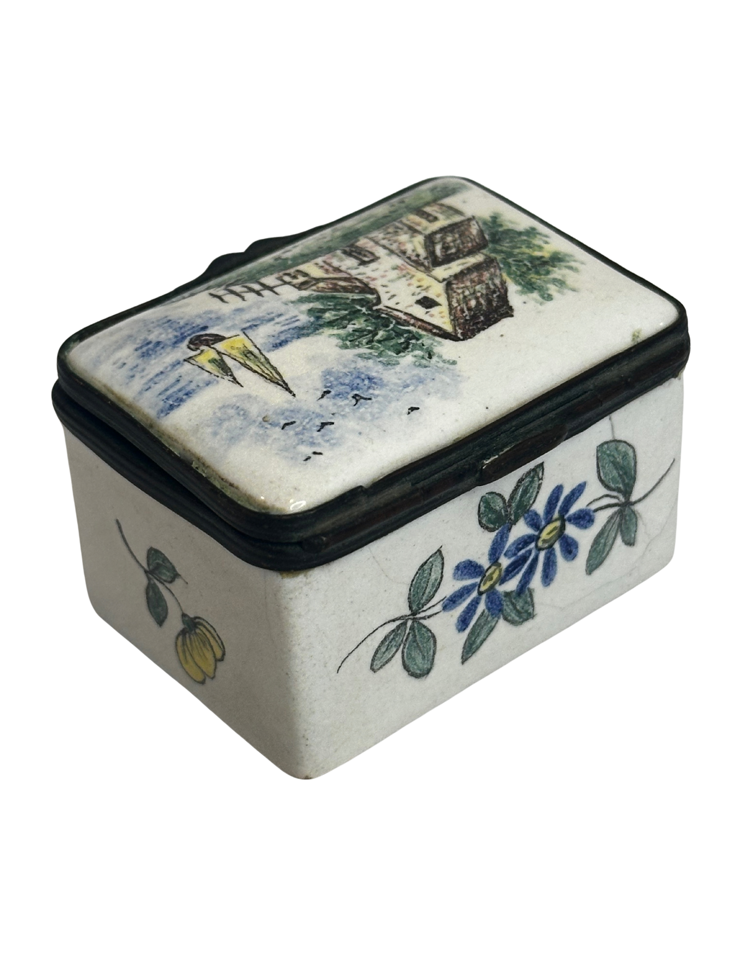 Antique Enamel Rectangular Box with Hand-Painted Pastoral Scene and Floral Decoration
