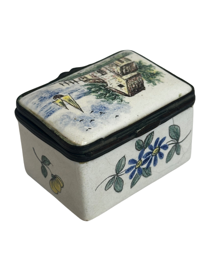 Antique Enamel Rectangular Box with Hand-Painted Pastoral Scene and Floral Decoration