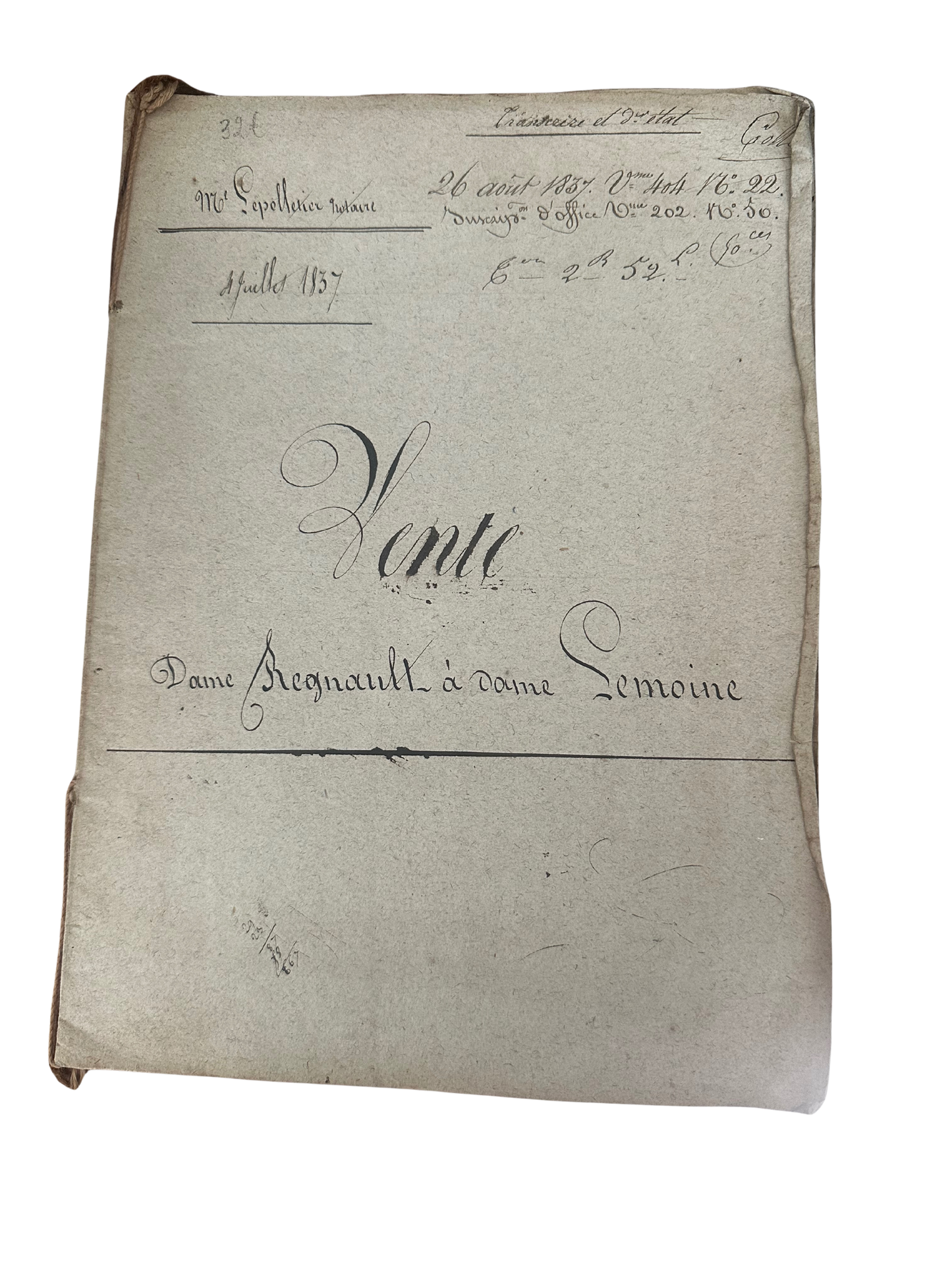 Mid 19th C French Notarial "Acte de Vente" - Property Sale Contract (1837 - Mme Marie-Madeleine Reganult to Dame Lemoine)