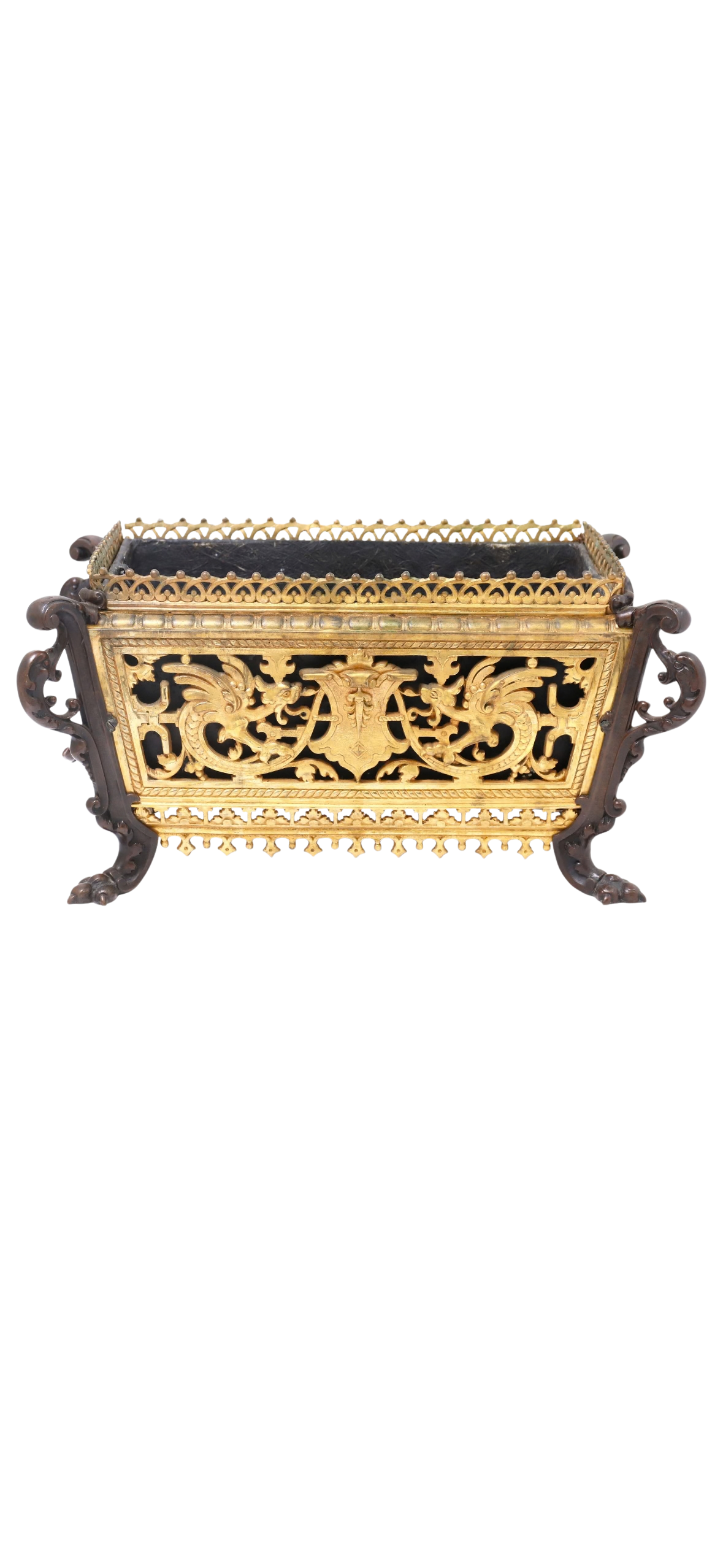 French Gilt Bronze Jardinière with Figural Masks and Scrollwork
