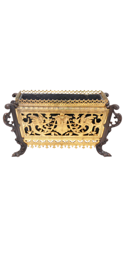 French Gilt Bronze Jardinière with Figural Masks and Scrollwork