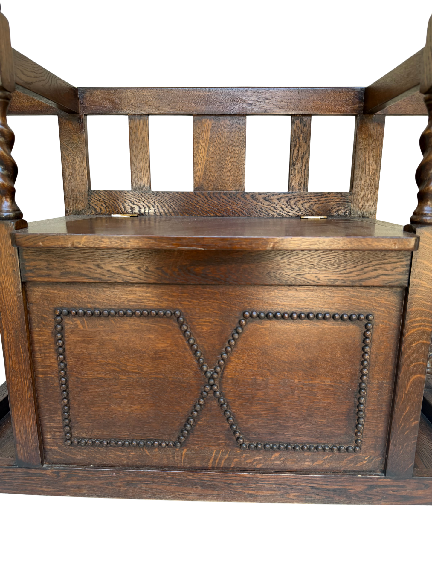 English Jacobean Style Carved Oak Barley Twist Hall Bench