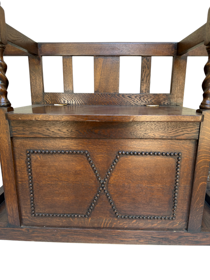 English Jacobean Style Carved Oak Barley Twist Hall Bench
