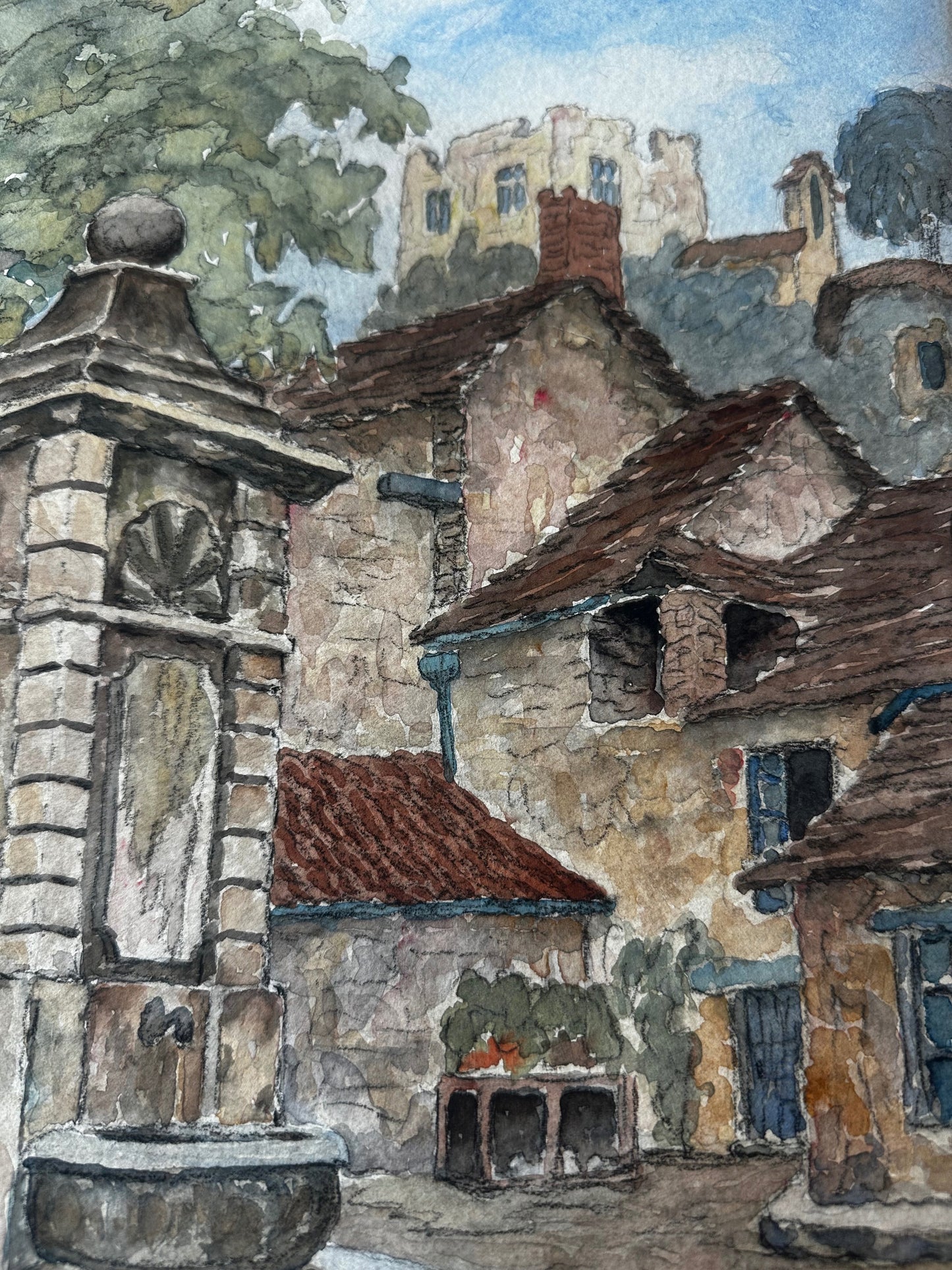 French Village Watercolor with Stone Fountain, Signed and Dated 1934