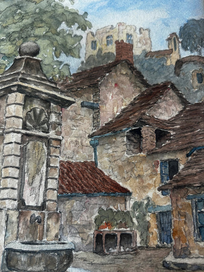 French Village Watercolor with Stone Fountain, Signed and Dated 1934