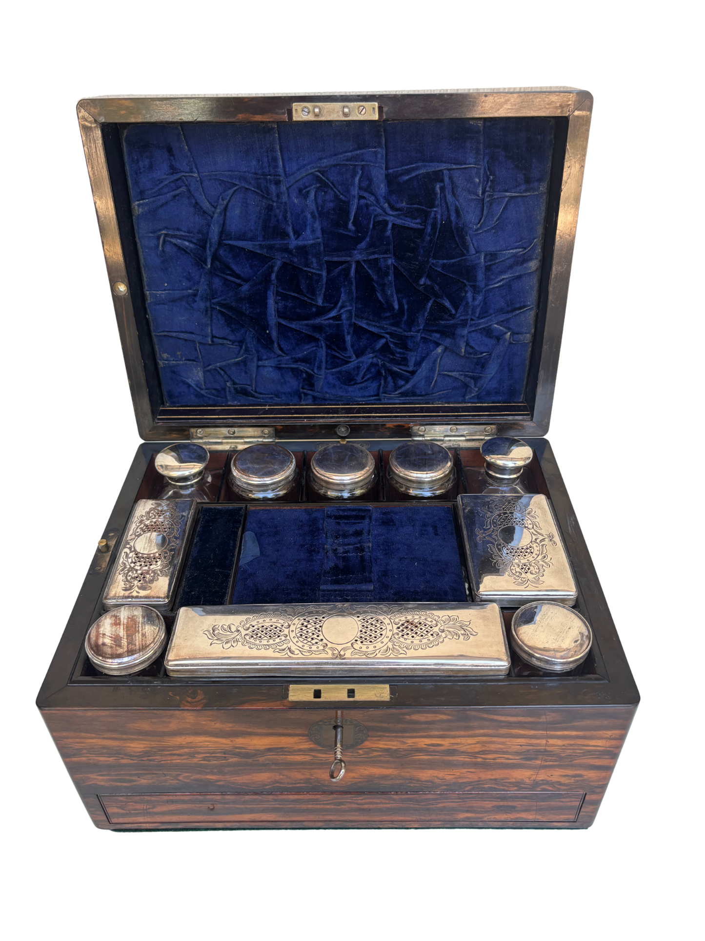 Fine Victorian Burled Walnut Vanity / Dressing Case with Silverplate Fittings, Secret Compartments, Hidden Documents, and Engraved Cartouche Dated 1891